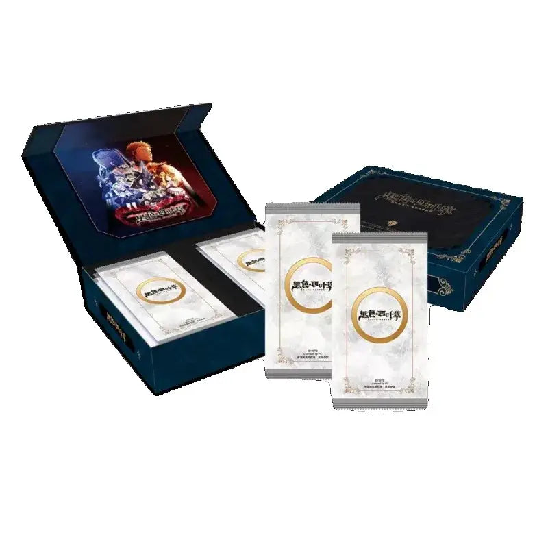 Deep blue black clover magic emperor collectible set box open to show marble pattern white card packs with gold logo interior