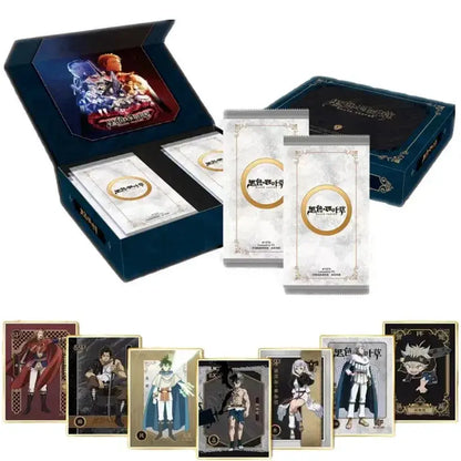 Deep blue black clover magic emperor collectible set box with gold trim containing white card packs with gold logo