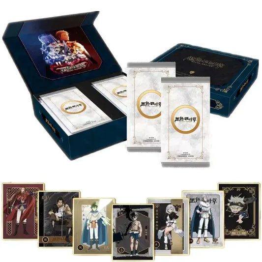 Deep blue black clover magic emperor collectible set box with gold trim containing white card packs with gold logo