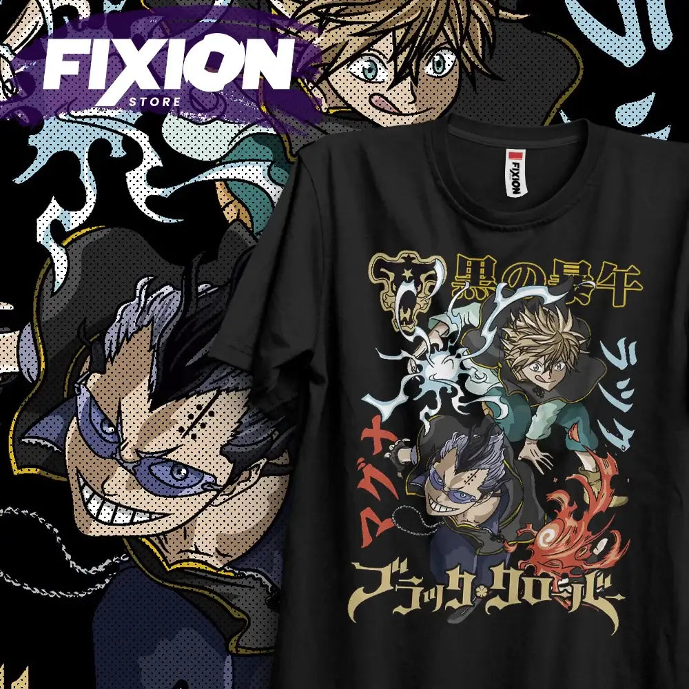 Black clover magna y luck anime t-shirt black cotton with vibrant graphic and bold yellow and red accents