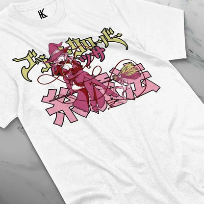 White cotton t-shirt featuring a vibrant pink and yellow black clover vanessa enoteca graphic with stylized japanese text