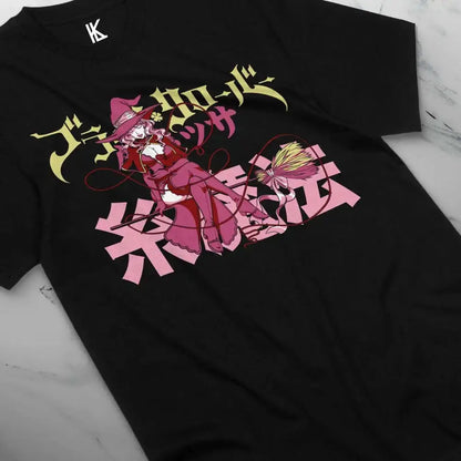 Black clover vanessa cotton graphic t-shirt featuring a vibrant anime witch with pink and yellow stylized text
