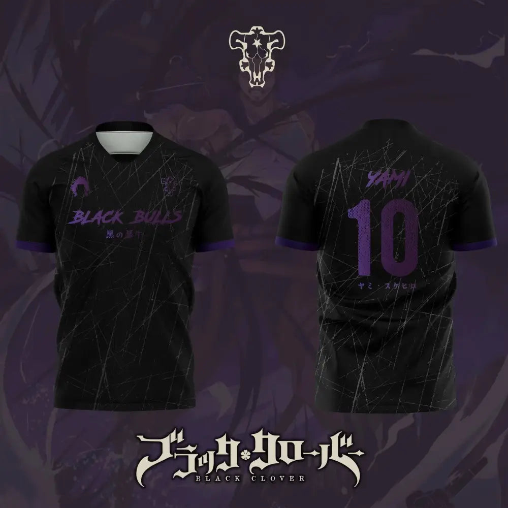 Black clover yami sukehiro football jersey black short-sleeved with purple accents and stylized skull logo front