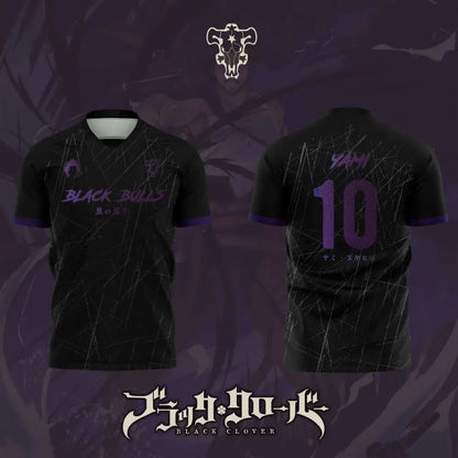 Black clover yami sukehiro football jersey black short-sleeved with purple accents and stylized skull logo front