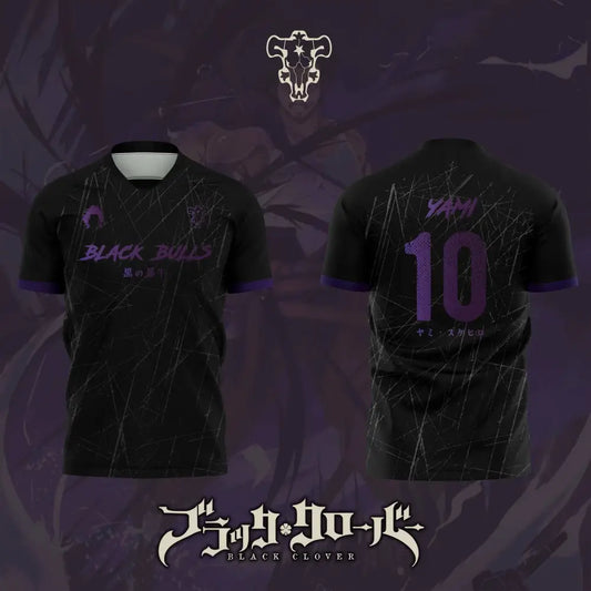 Black clover yami sukehiro football jersey black short-sleeved with purple accents and stylized skull logo front