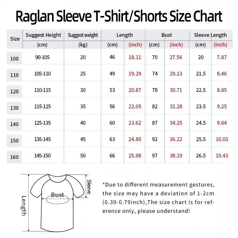 Raglan sleeve t-shirt shorts size chart in cm and inches for black clover yami sukehiro football jersey sizes 100 to 160