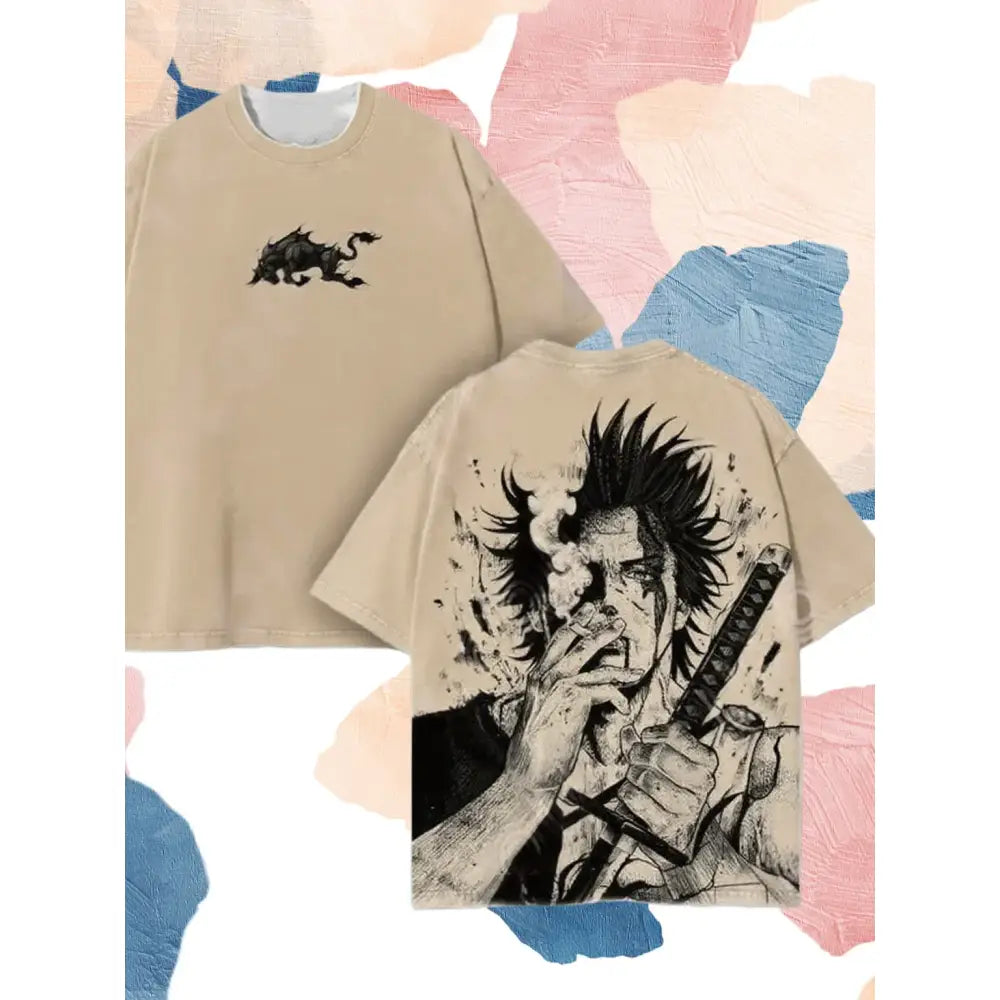 Beige oversized t-shirt with bold black ink yami sukehiro and stylized dragon graphic from black clover streetwear