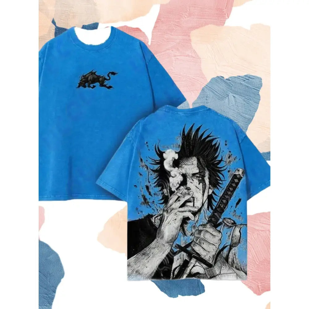 Blue oversized graphic tee featuring yami sukehiro black clover ink-style illustration with sword and dragon design