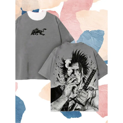 Gray oversized t-shirt with black ink dragon and samurai smoking sword graphic featuring yami sukehiro from black clover