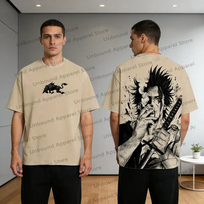 Beige short-sleeved black clover yami sukehiro oversized t-shirt with spiky-haired character sword graphic on back