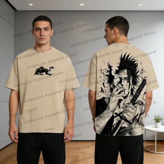 Beige short-sleeved black clover yami sukehiro oversized t-shirt with spiky-haired character sword graphic on back