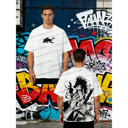 White short-sleeved t-shirt with black ink anime graphic of yami sukehiro on front and detailed black clover back design