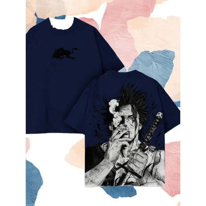 Navy blue oversized t-shirt with black and white yami sukehiro graphic and small dragon emblem front black clover streetwear