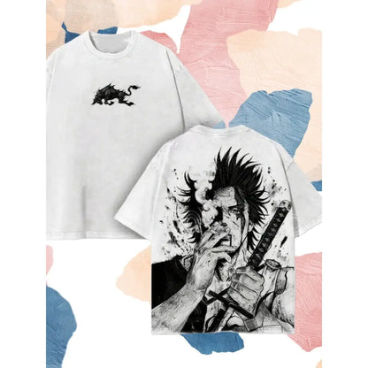 White oversized t-shirt featuring yami sukehiro black clover graphic with spiky hair and sword for casual streetwear