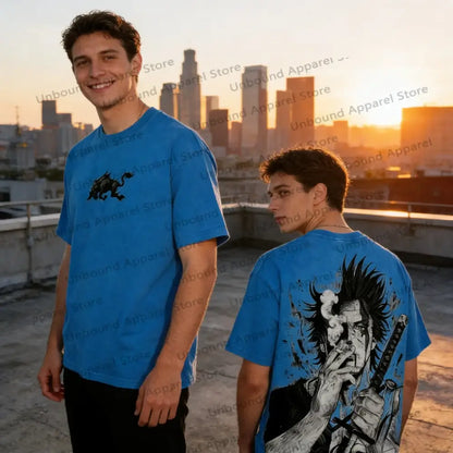 Blue oversized graphic tee with black ink yami sukehiro illustration smoking and holding sword from black clover
