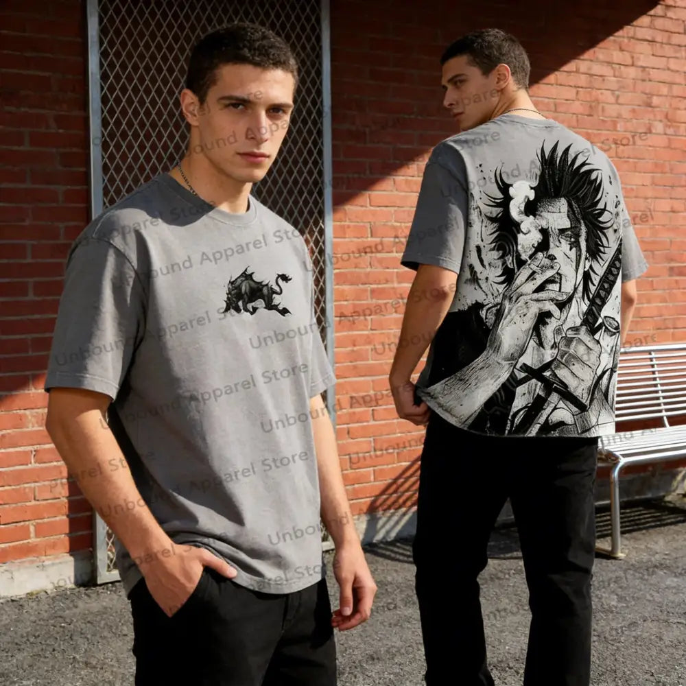 Gray oversized t-shirt with black and white yami sukehiro graphic print from black clover casual streetwear