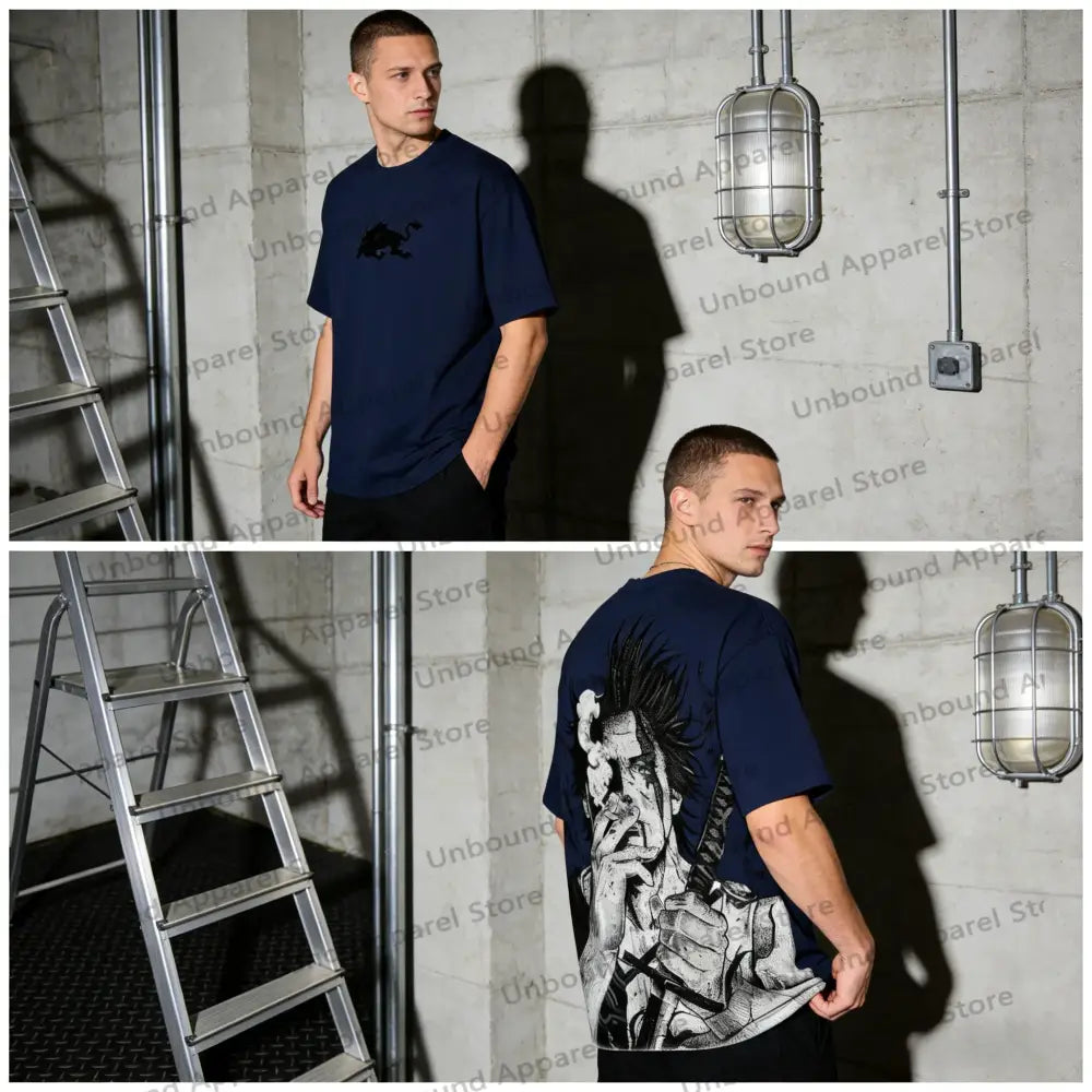 Navy blue oversized short-sleeved t-shirt with black and white yami sukehiro graphic on the back from black clover