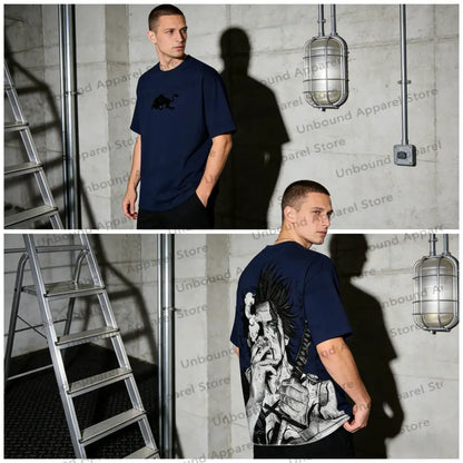 Navy blue oversized short-sleeved t-shirt with black and white yami sukehiro graphic on the back from black clover