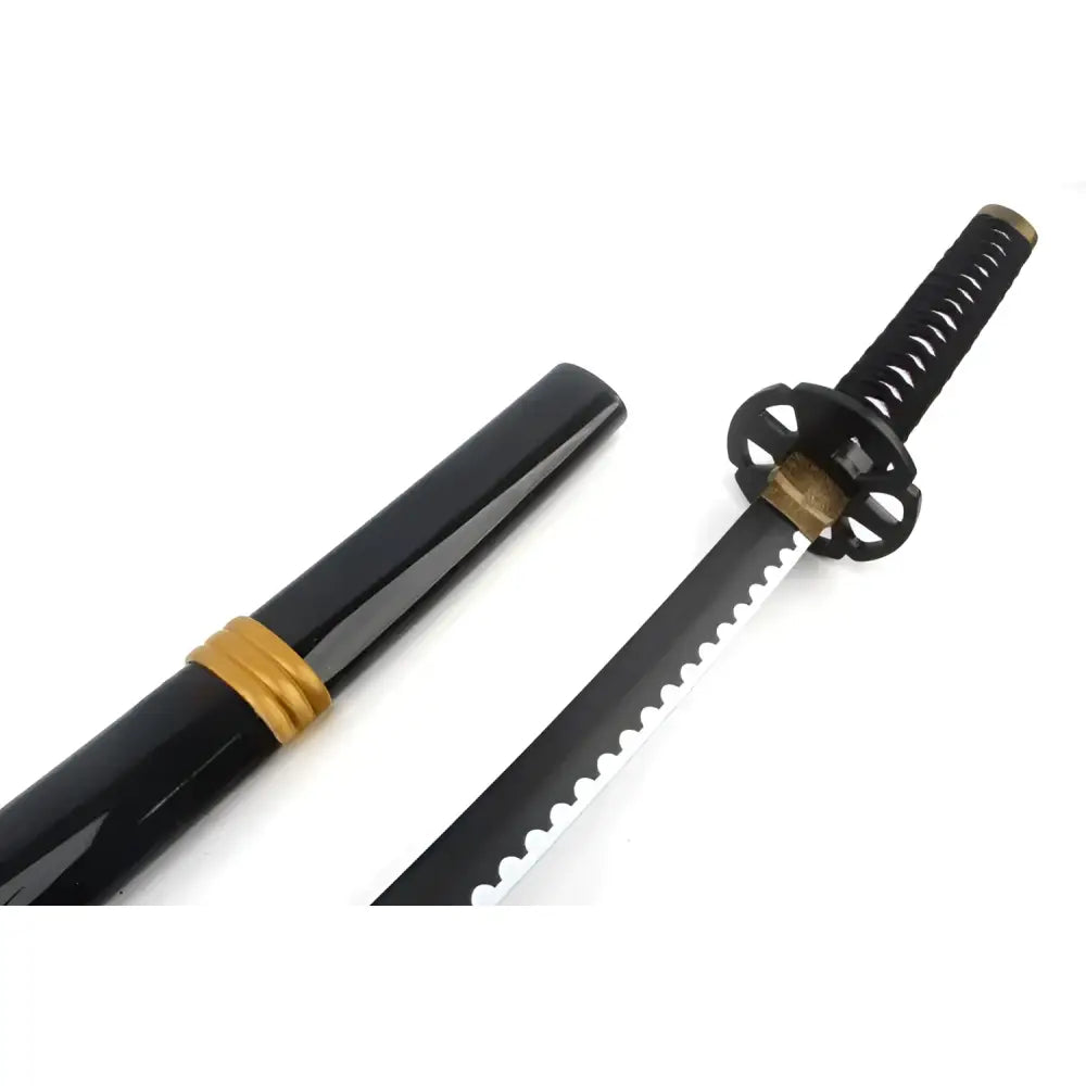 Black clover yami sukehiro sword replica with black serrated katana blade and gold accented handle and scabbard