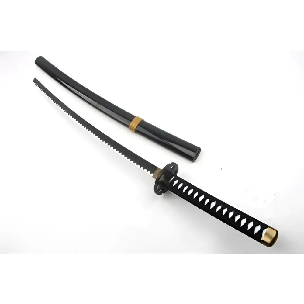Black clover yami sukehiro sword replica with serrated black blade and gold accented handle and scabbard for cosplay
