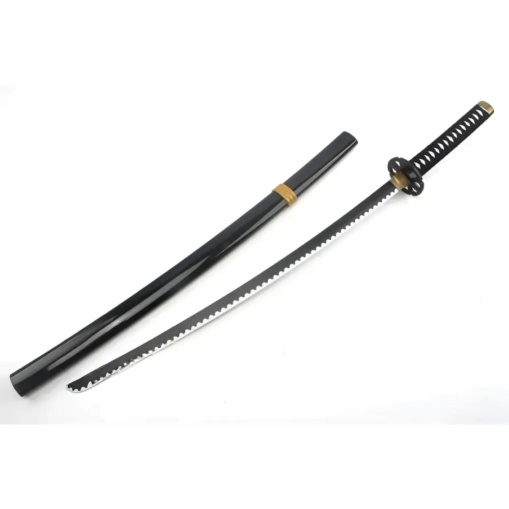 Black clover yami sukehiro sword replica with black serrated katana and gold accents on handle and scabbard