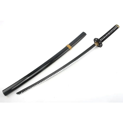 Black clover yami sukehiro sword replica with black serrated katana and gold accents on handle and scabbard
