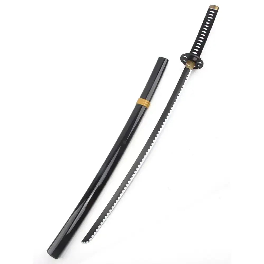 Black clover yami sukehiro sword replica with black serrated katana blade and gold accented handle and scabbard
