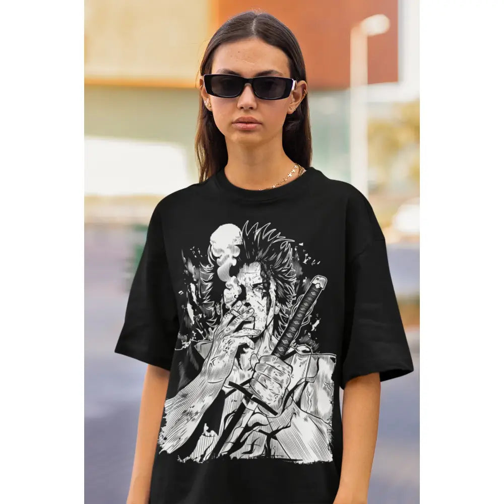 Black clover yami sukehiro graphic tee with bold white anime-style sword and smoking illustration on front