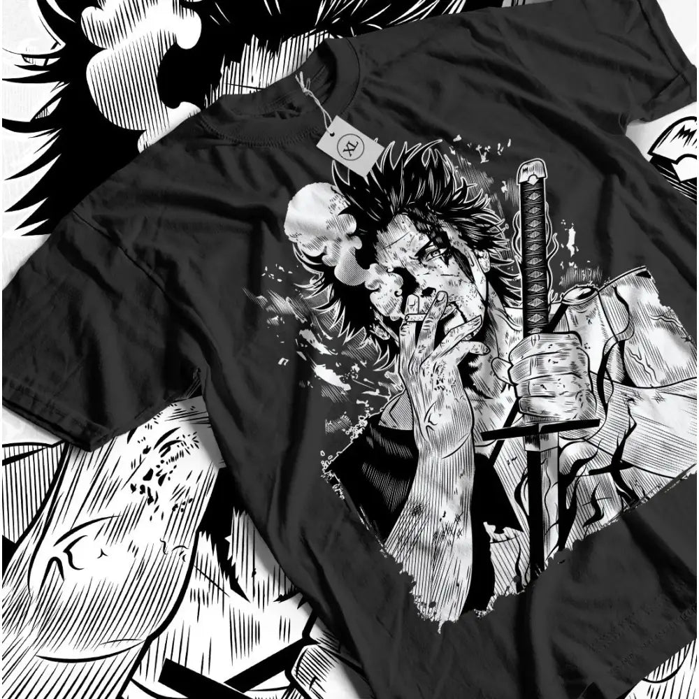 Black short-sleeved t-shirt featuring clover yami sukehiro anime graphic with sword and smoking design for all sizes
