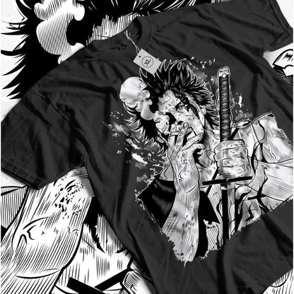 Black short-sleeved t-shirt featuring clover yami sukehiro anime graphic with sword and smoking design for all sizes