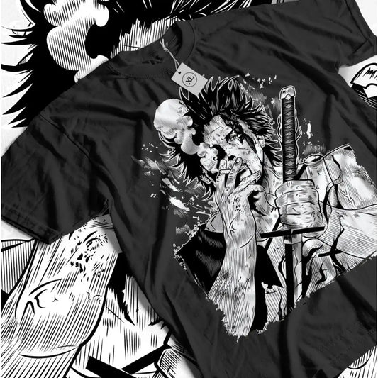 Black short-sleeved t-shirt featuring clover yami sukehiro anime graphic with sword and smoking design for all sizes