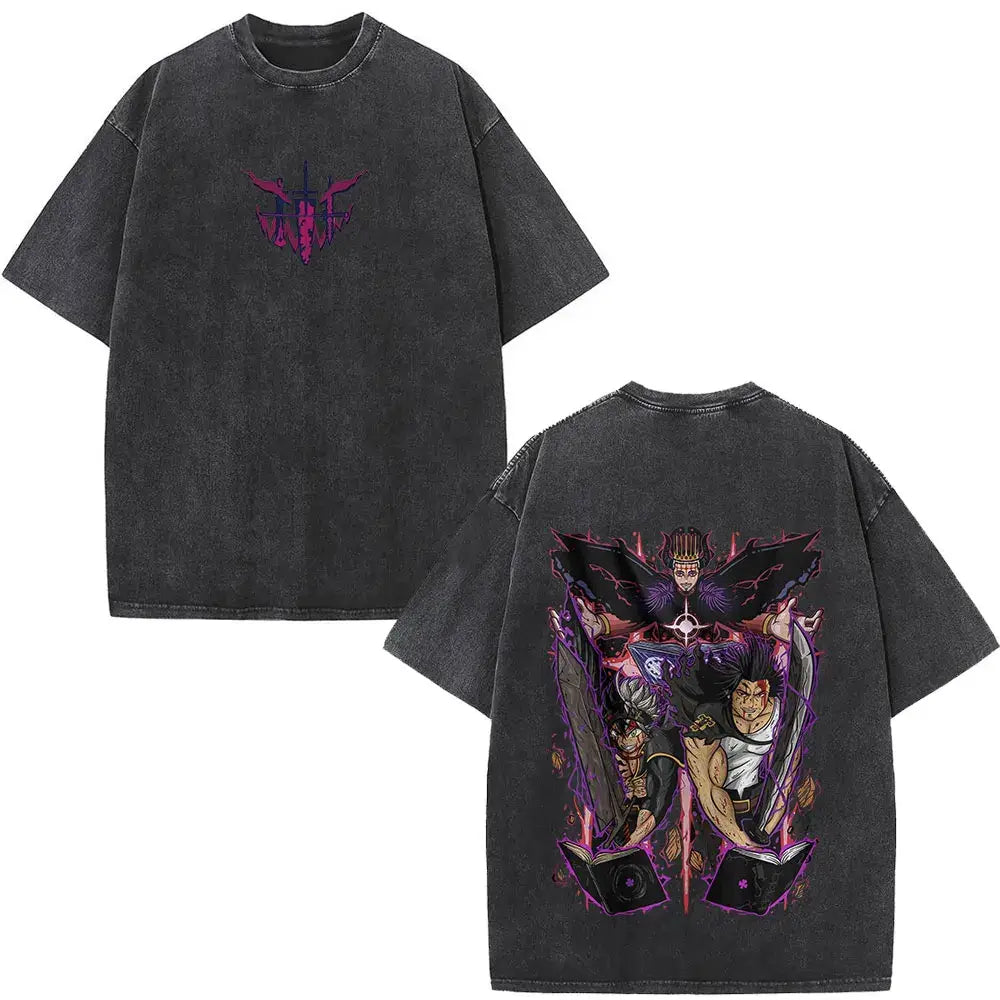Black clover yami sukehiro black distressed cotton t-shirt with vibrant purple anime graphic on back and logo on chest