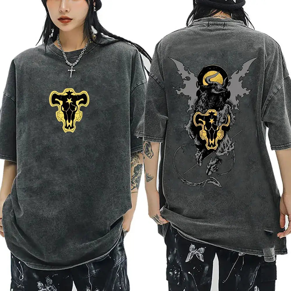 Dark gray cotton black clover yami sukehiro t-shirt with bold yellow and black bull emblem front and back double-sided print