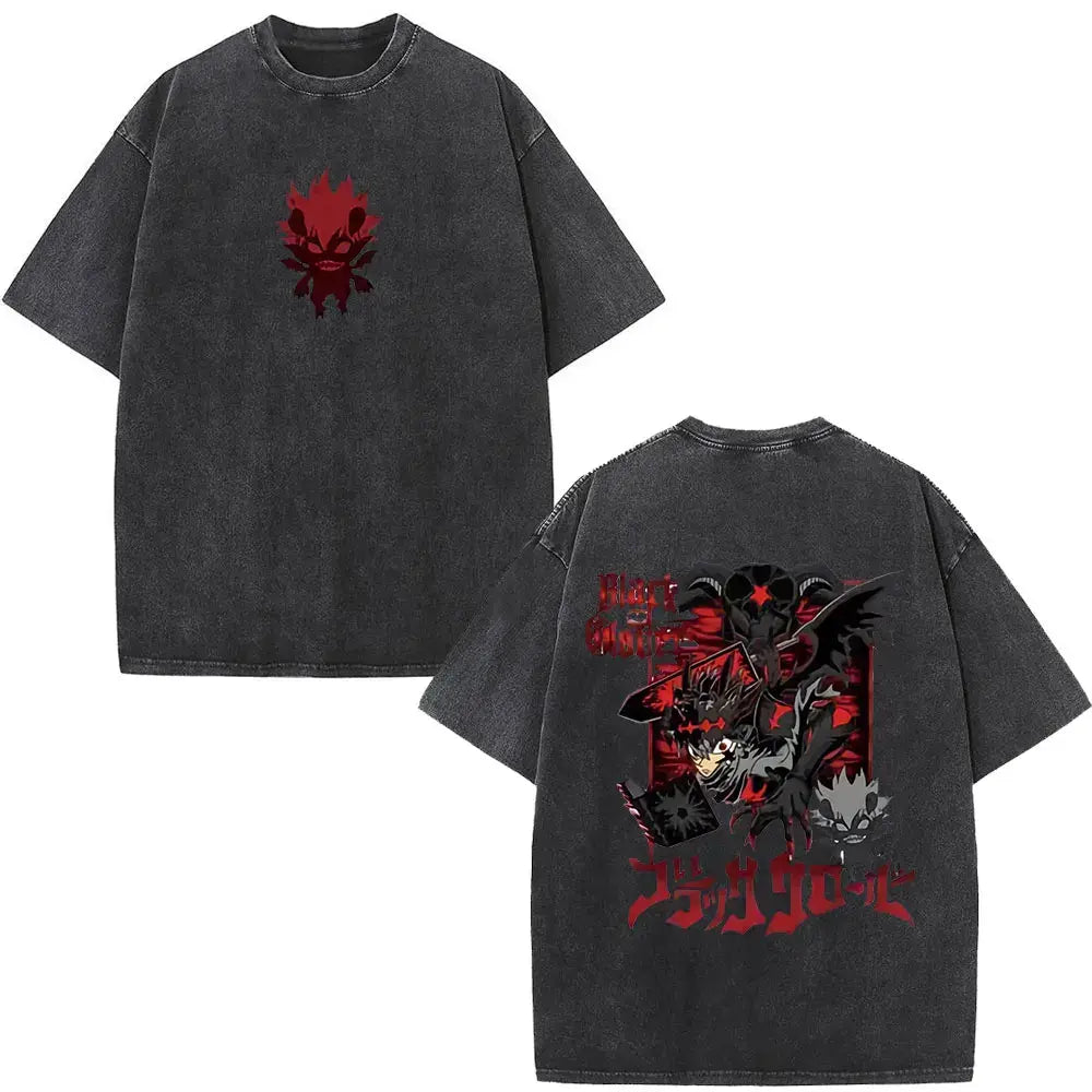 Black clover yami sukehiro black distressed cotton t-shirt with red and black anime design front and back print