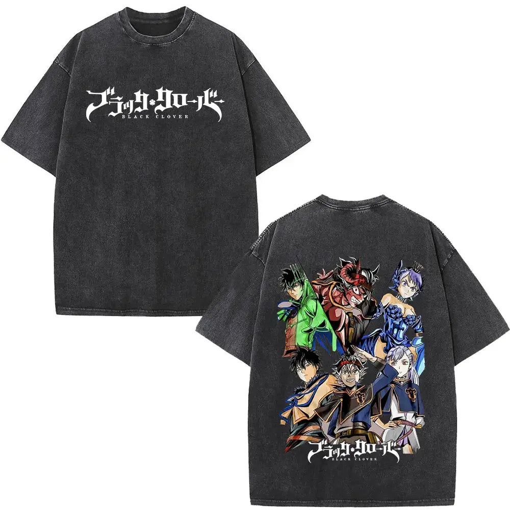 Black distressed cotton t-shirt with white black clover yami sukehiro logo front and colorful character illustration back