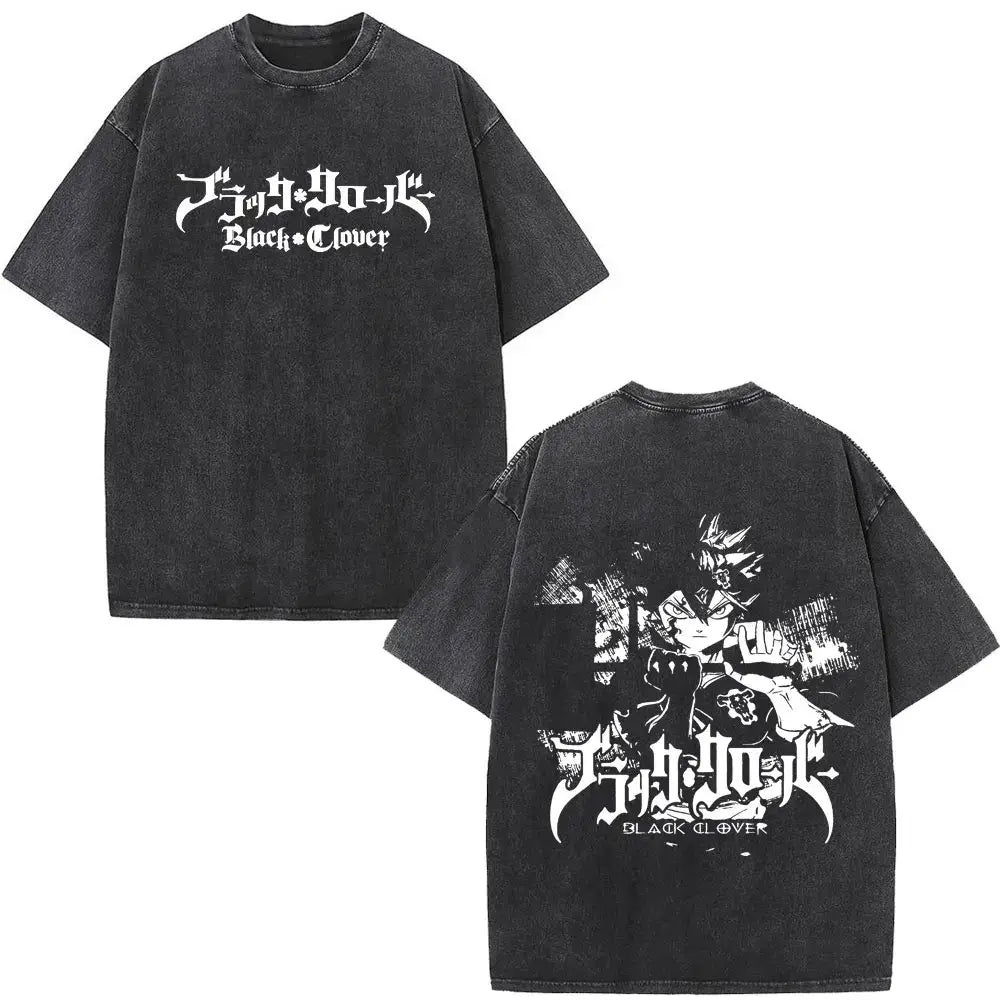 Black distressed cotton t-shirt with double-sided black clover yami sukehiro anime graphics on front and back