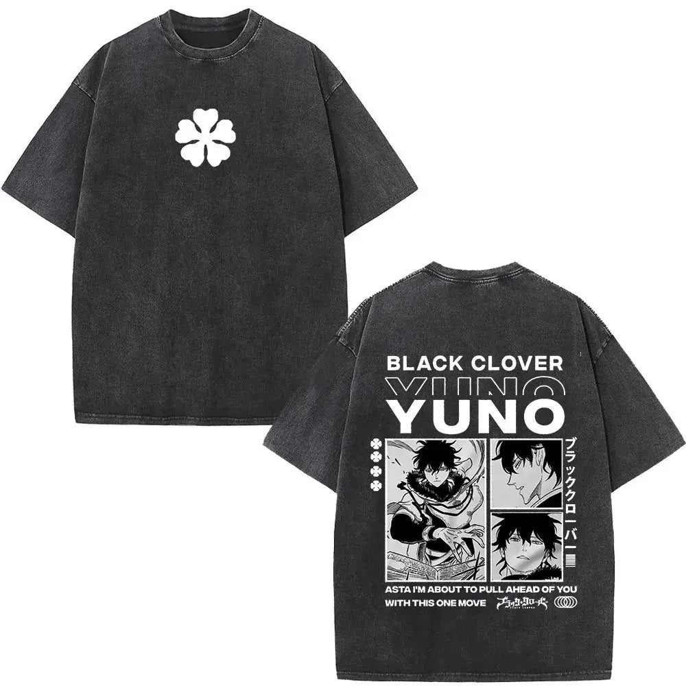Black clover yami sukehiro black cotton t-shirt with white four-leaf clover front and anime artwork back view
