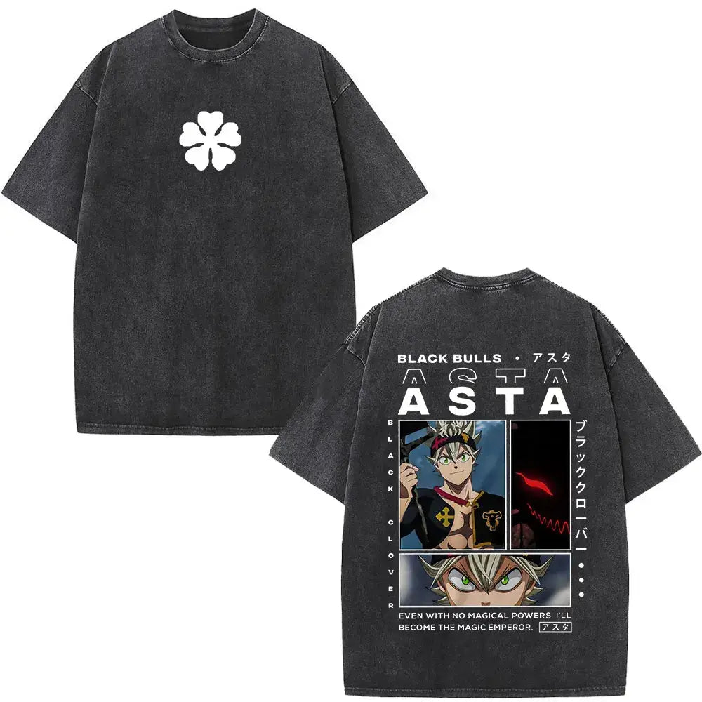 Black distressed cotton t-shirt featuring white four-leaf clover front and black clover yami sukehiro anime graphic back
