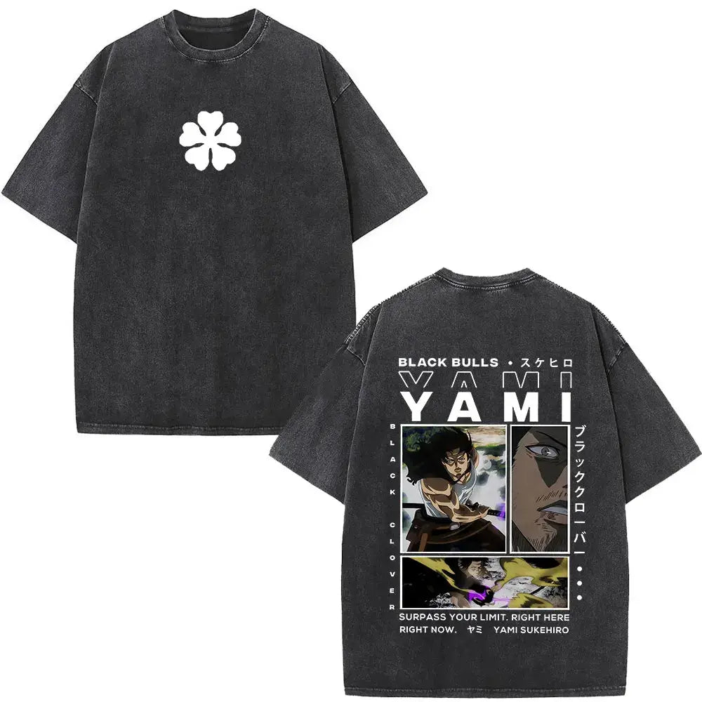 Black clover yami sukehiro black oversized t shirt with white four leaf clover front and anime graphic back print