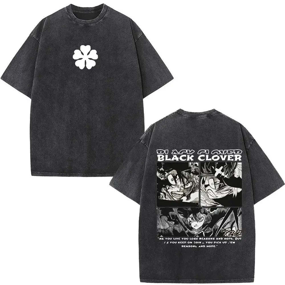 Black oversized t-shirt featuring white four-leaf clover front print and black clover yami sukehiro anime back panel