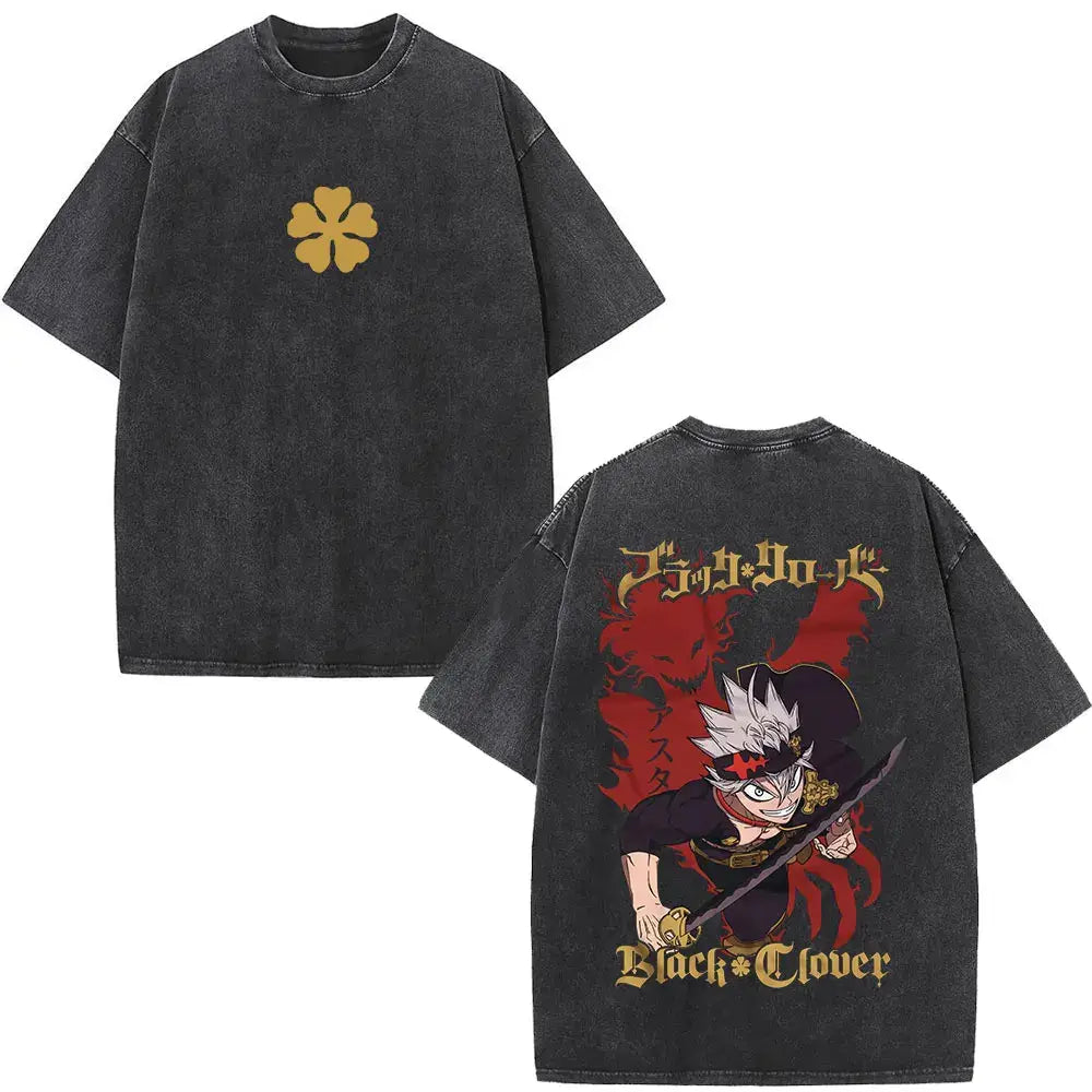 Black oversized t-shirt with faded texture featuring gold four-leaf clover front and black clover yami sukehiro anime back