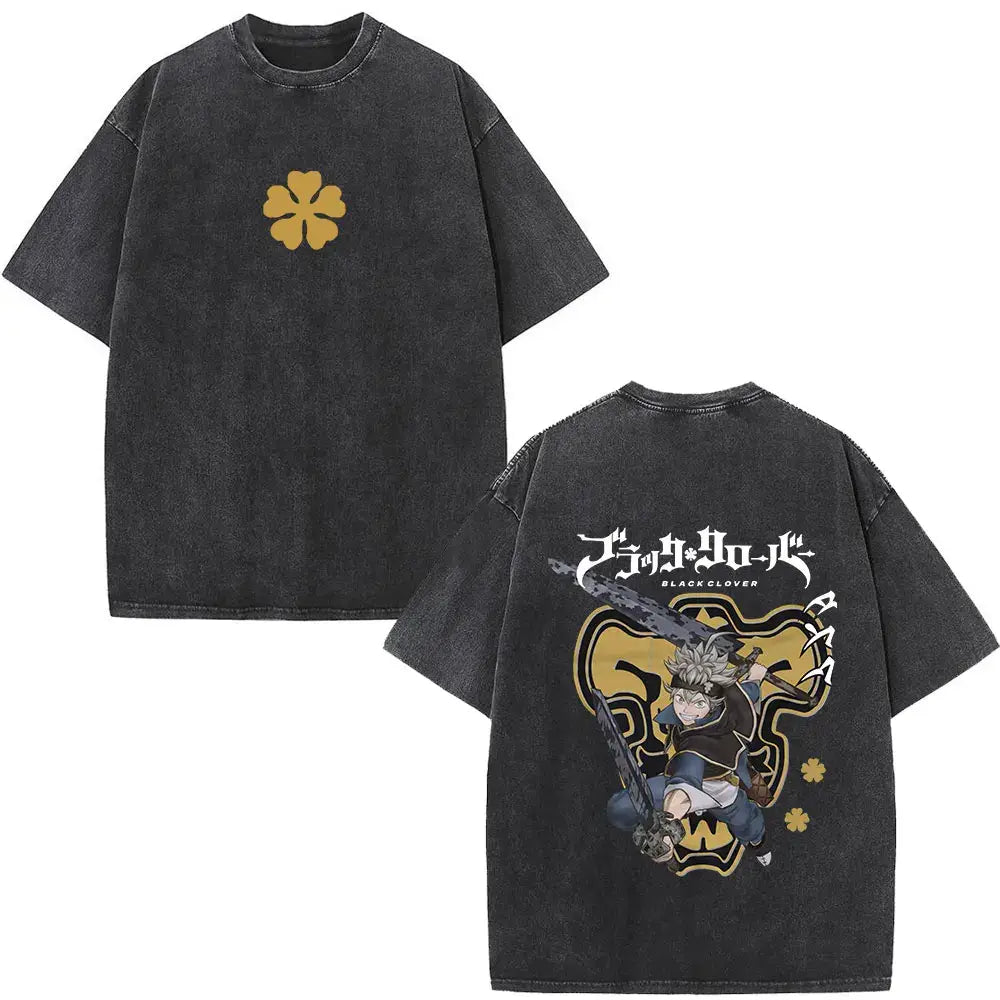 Black distressed cotton t-shirt with gold four-leaf clover front and black clover yami sukehiro anime design back