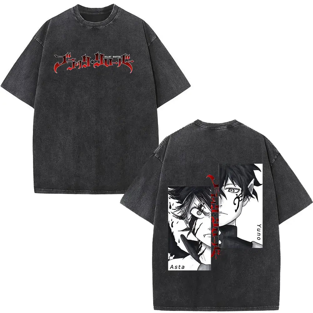 Black clover yami sukehiro black oversized t-shirt with faded distressed texture and red black anime graphics front and back