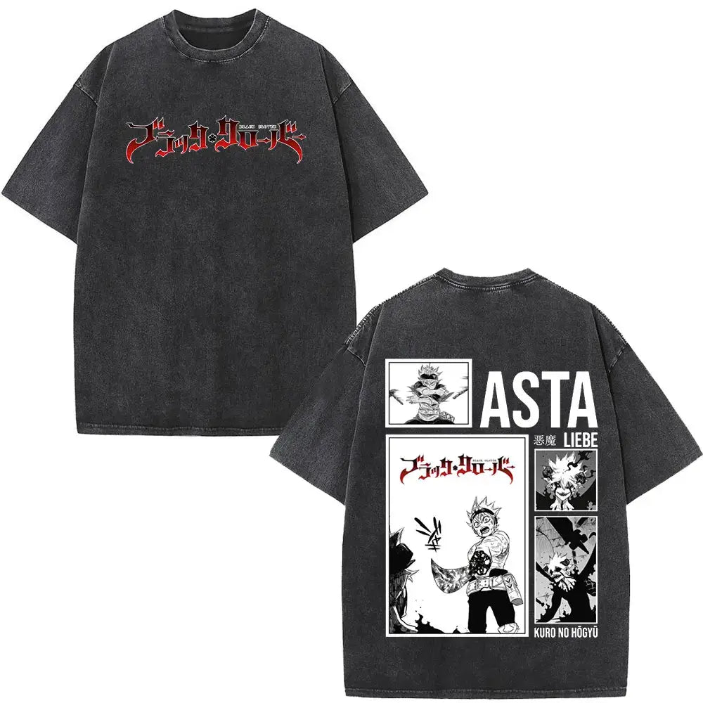 Black oversized t-shirt featuring black clover yami sukehiro artwork and jujutsu kaisen branding on front and back
