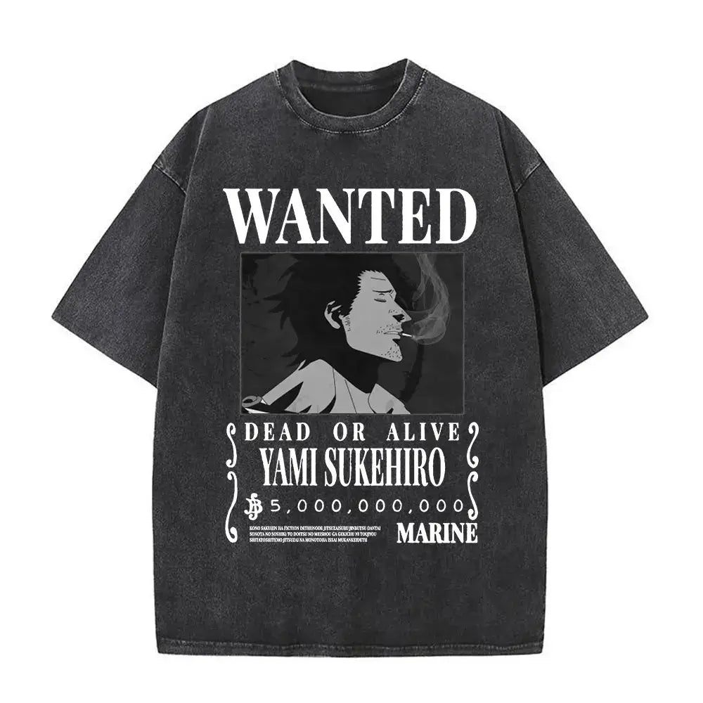 Black clover yami sukehiro black distressed cotton t-shirt with white wanted poster graphic double-sided print