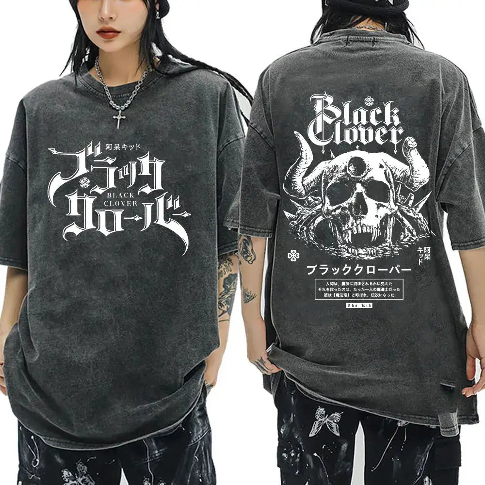 Black clover yami sukehiro oversized black t-shirt with white double-sided graphic print for casual wear
