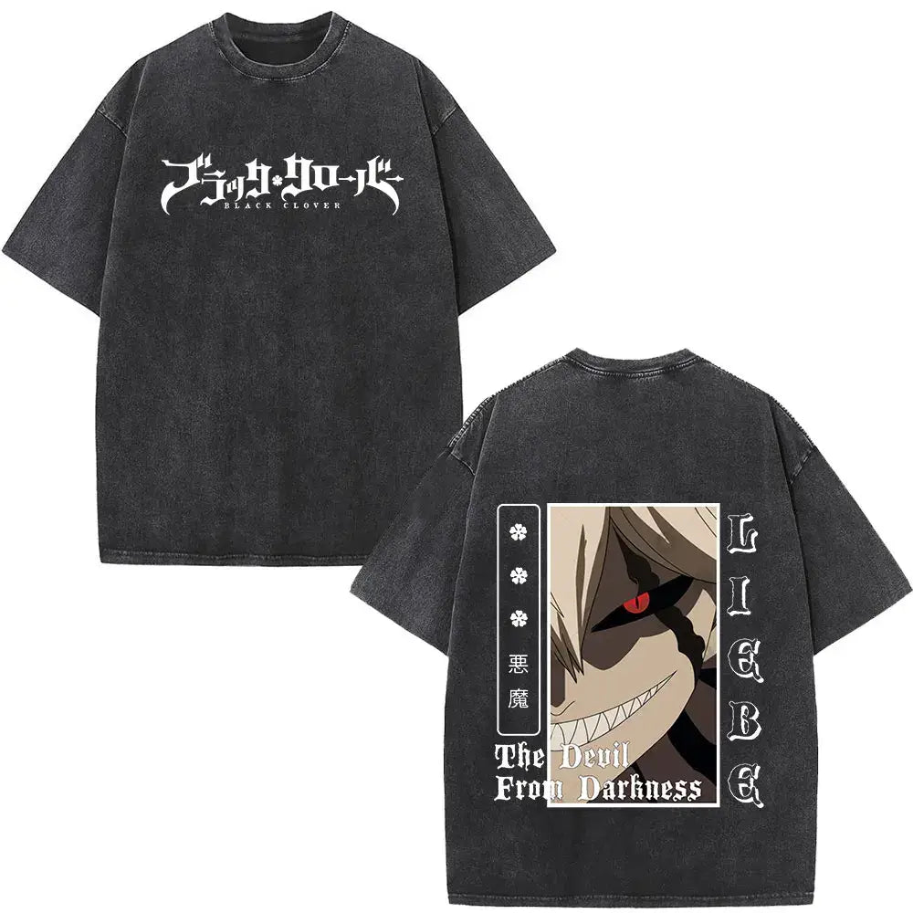 Black distressed cotton t-shirt featuring white black clover logo front and yami sukehiro devil graphic back