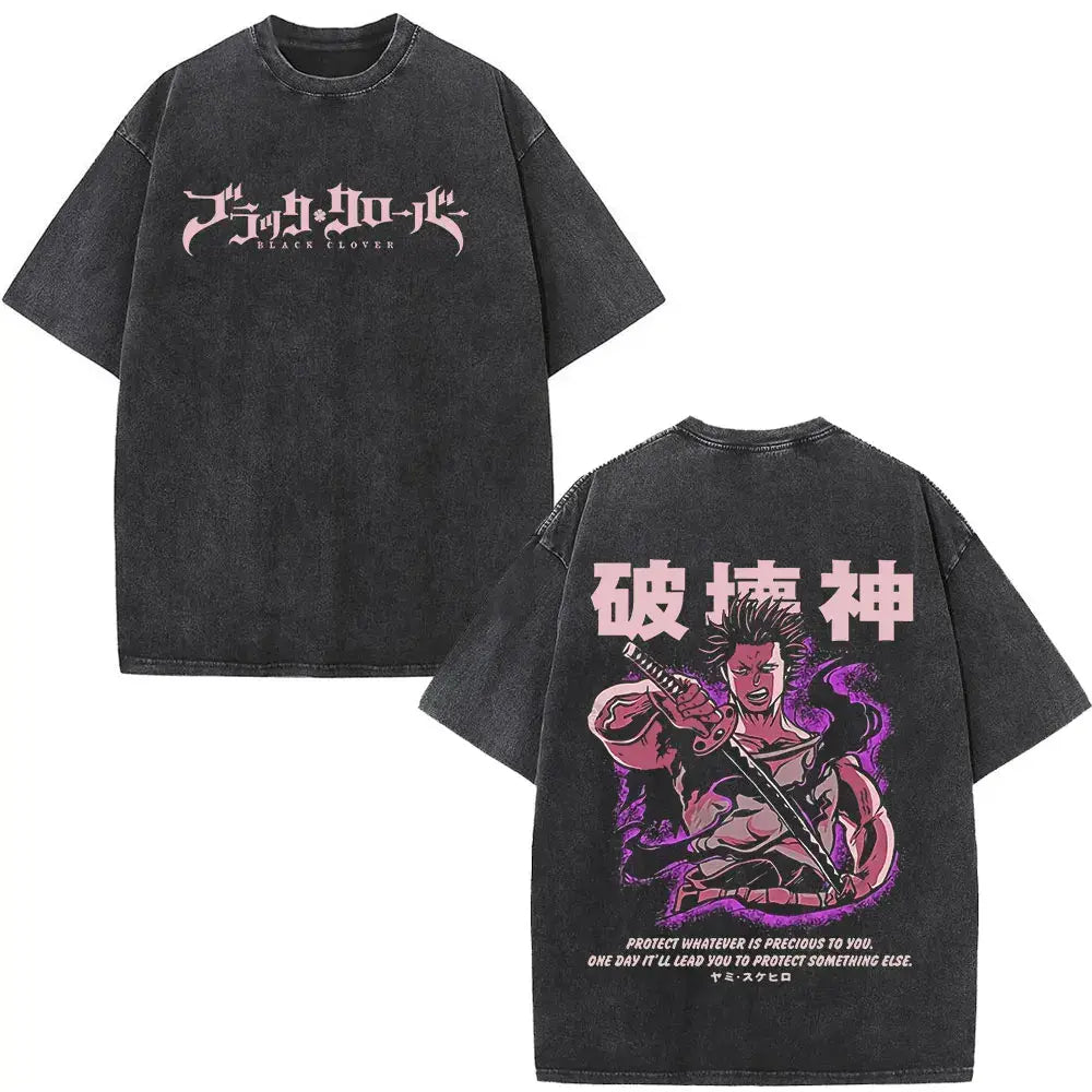 Black oversized t-shirt with faded texture and pink purple black clover yami sukehiro graphic on the back