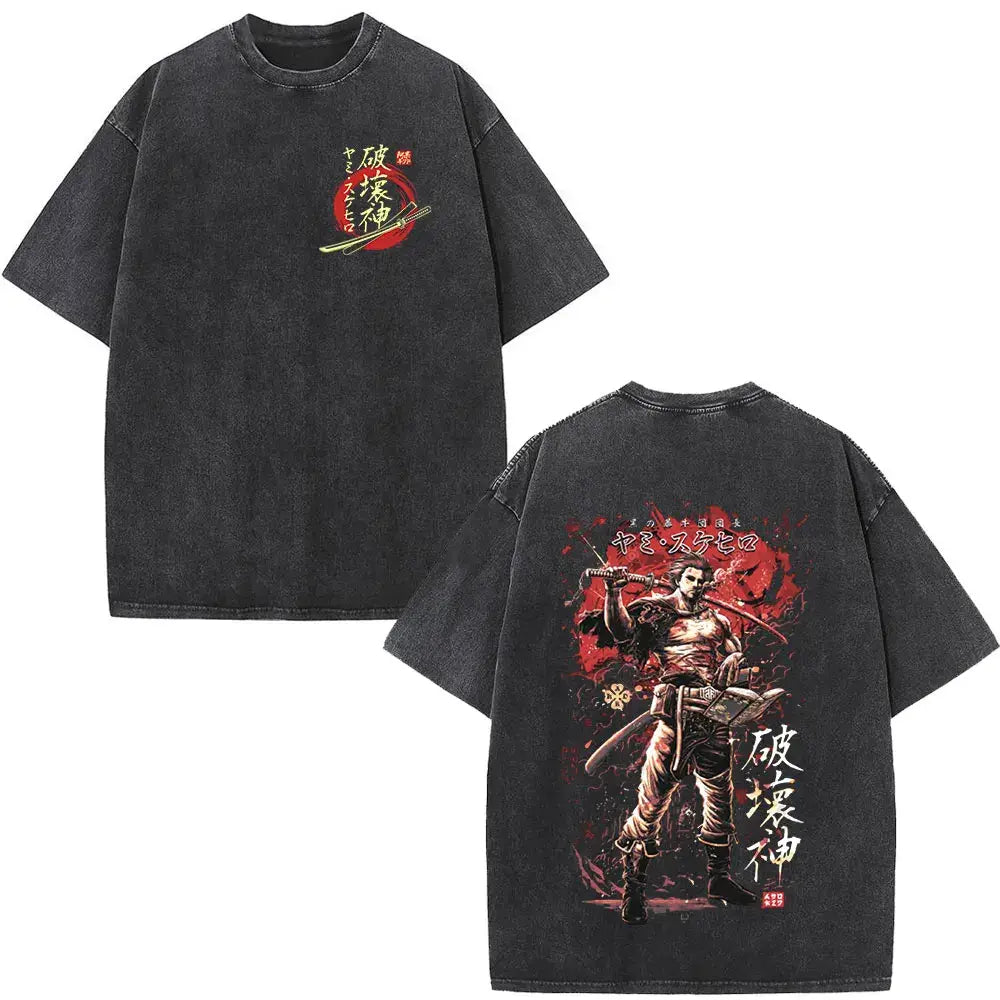 Black clover yami sukehiro black distressed cotton t-shirt with samurai graphic and japanese text on back with red accents