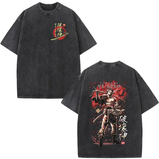 Black clover yami sukehiro black distressed cotton t-shirt with samurai graphic and japanese text on back with red accents